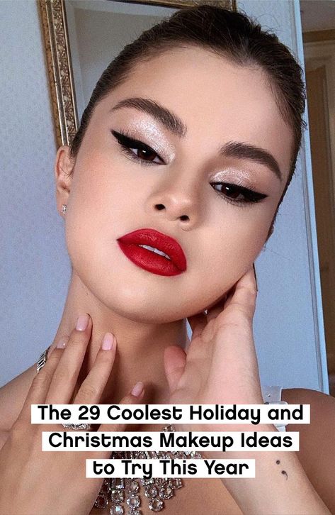 Christmas Red Lip Makeup, Christmas Eve Eye Makeup, Christmas Makeup For Brown Eyes, Holiday Makeup Natural, Christmas Photo Makeup, Winter Party Makeup Looks, Holiday Smokey Eye Makeup, Simple Christmas Glam Makeup, Makeup Looks Holiday