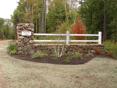 Gated Entry Landscaping, Landscaping At Driveway Entrance, Driveway Landscaping Entrance Country, Stone Pillars Driveway Entrance, Driveway Entrance Landscaping Country, Acreage Landscaping Driveway Entrance, Drive Way Entrance Ideas, Gate Entrance Landscaping Ideas, Country Driveway Entrance