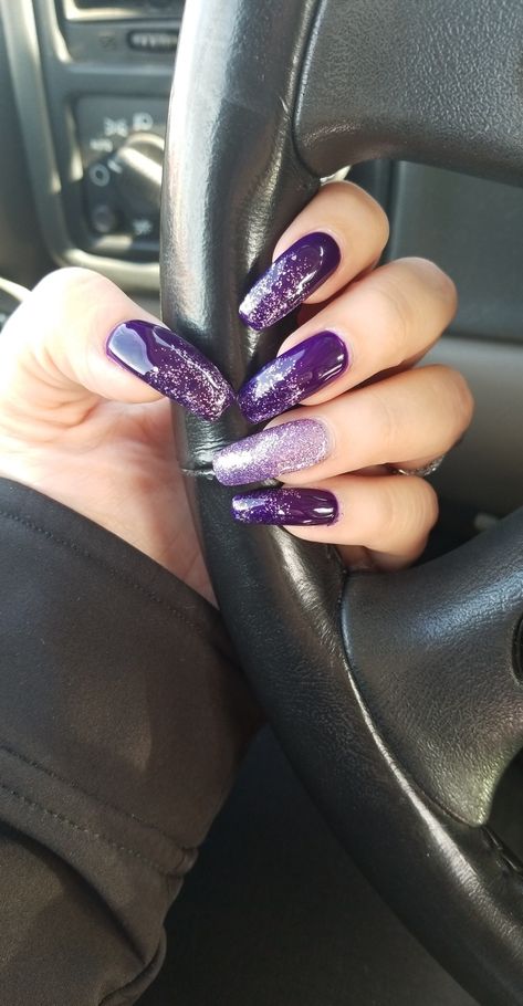 Royal Purple And Gold Nails, Purple And Gold Glitter Nails, Dark Purple Sparkly Nails, Winter Purple Nails, Dark Purple And Silver Nails, Purple And Silver Nails Acrylic, Dark Purple And Gold Nails, Dark Purple Acrylic Nails Design, Dark Purple Nails With Glitter