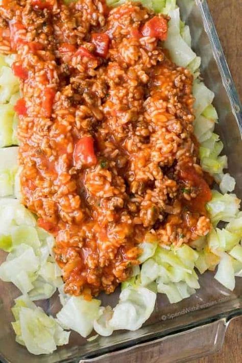 Simply layer tender cabbage and a zesty meat sauce to create a lazy cabbage casserole! This delicious unstuffed cabbage casserole is a family favorite! Easy to prepare and an inexpensive way to feed a crowd! Unstuffed Cabbage Casserole, Lazy Cabbage Rolls, Easy Cabbage Rolls, Unstuffed Cabbage Rolls, Cabbage Casserole Recipes, Cabbage Roll Casserole, Ground Turkey Recipes Healthy, Unstuffed Cabbage, Cabbage Roll