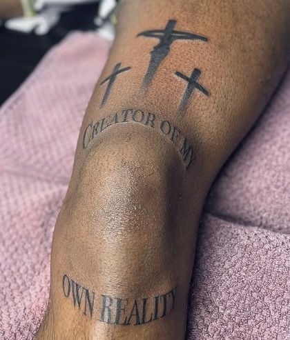 3 Crosses Tattoo Men Leg, Cool Knee Tattoos For Men, Leg Tattoo Men Cross, Cross Knee Tattoo, Faith Leg Tattoo, Three Crosses Tattoo For Men, Christian Leg Tattoo, Thigh Tattoos Men Ideas, Christian Leg Tattoo Men