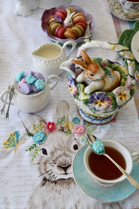 Spring Tea Party with Bunnies #teaparty #tablescape #spring #easter #bunny #rabbit ©homeiswheretheboatis.net Bunny Tea Party, Russian Teacakes, Lemon Tea Cake, Strawberry Scones, Spring Tea Party, Woodland Bunny, Bunny Plates, Buttercream Roses, Log Cake