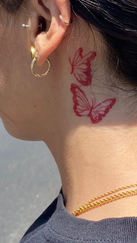 Tattoo Ideas Neck, Butterfly Neck Tattoo, Neck Tattoo Ideas, Small Neck Tattoos, Girl Neck Tattoos, Behind Ear Tattoos, Side Neck Tattoo, Red Tattoo Ideas, Tattoos Hand