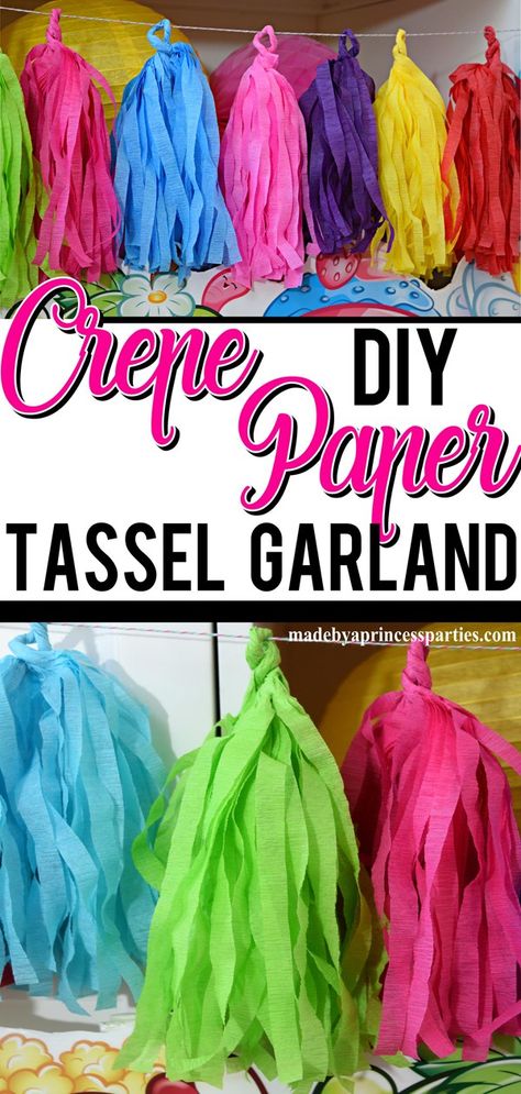 It's easy to make your own tissue paper tassels and even easier to make a tassel garland using crepe paper streamers. Get ready to get creative! Things To Make With Streamers, Diy Tassel Garland Yarn, Crepe Paper Streamers Ceiling, Paper Tassels Decoration, Crepe Paper Tassel Garland, Tissue Paper Streamers, How To Make Streamers, Crepe Paper Ceiling Decorations, Street Festival Decorations