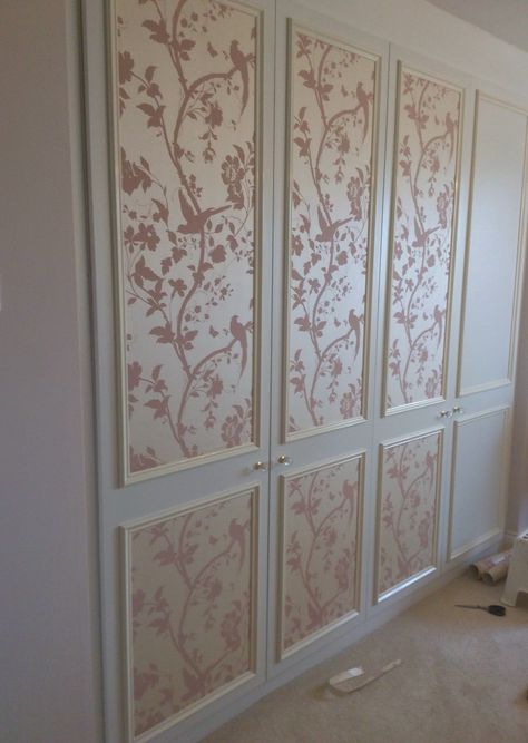 Almost finished.... :) Fitted wardrobe doors given a feminine new look with Laura Ashley's Oriental Garden in chalk pink. Wallpaper Wardrobe Doors Diy, Wallpaper Wardrobe Doors, Wardrobe Doors Makeover, Cupboard Doors Makeover, Fitted Wardrobe Doors, Laura Ashley Wallpaper, Small Baby Room, Fitted Wardrobe, Wallpaper Door