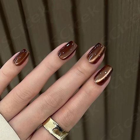 Mocha Mousse Cat Eye Nails, Mocha Cat Eye Nails, Brown Cats Eyes Nails, Chocolate Cat Eye Nails, Dark Brown Cat Eye Nails, Moonlight Cat Eye Nails, Brown Magnetic Nails, Nail Design Cat Eye, Brown Cateye Nail