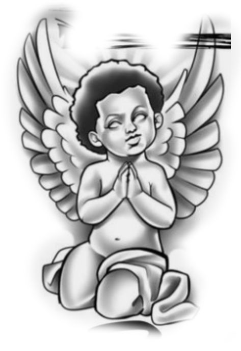 Angels Tattoos Men, Angel With Afro Tattoo, Black Angel Tattoo Men, Black Angel Drawing, Black Baby Angel Tattoo, Afro Angel Tattoo, Black Angel Tattoo Design, Money Tattoo Designs Men, Hood Angel Tattoo