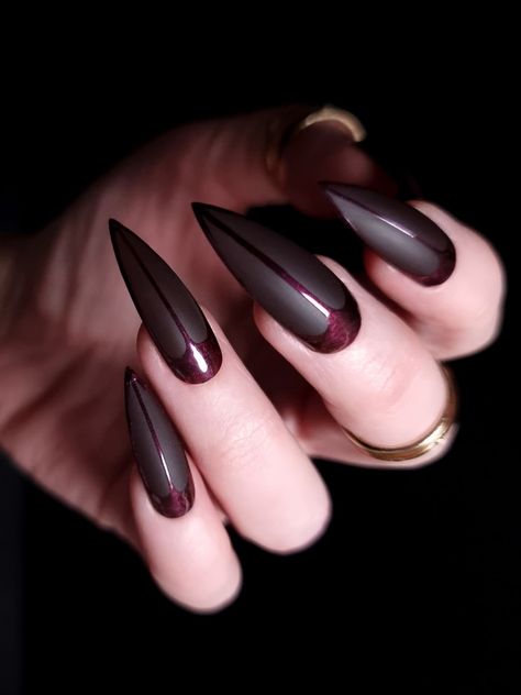 Fall Nails Almond Shape Long, Nail Art Dark Colors, Fall Stilleto Nails, Dark Stiletto Nails, Fall Stiletto Nails, Pointed Nail Designs, Vampy Nails, Matte Stiletto Nails, Stilleto Nails Designs