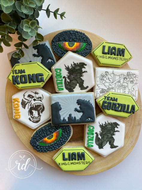 Custom Godzilla vs Kong Cookies Godzilla Cookies, Godzilla Party, Godzilla Birthday Party, Godzilla Birthday, Godzilla Vs Kong, Birthday Donuts, King Birthday, 9th Birthday Parties, Godzilla Vs