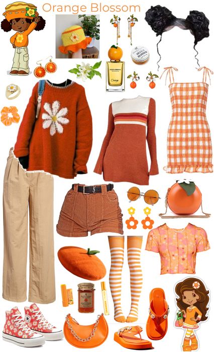 Orange Themed Outfit, Orange Blossom Inspired Outfit, Fruit Aesthetic Outfit, Orange Fruit Outfit, Strawberry Shortcake Fashion, Orange Outfits Aesthetic, Orange Aesthetic Outfits, Orange Blossom Outfit, Cute Orange Outfit