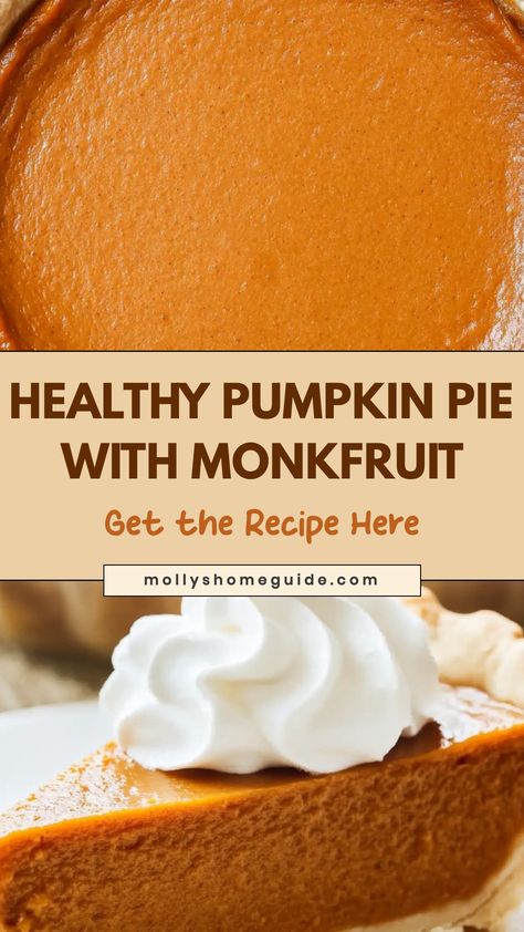 Indulge in a guilt-free fall treat with this delicious pumpkin pie made with monkfruit sweetener. Satisfy your sweet cravings without compromising on flavor or texture. This recipe is perfect for those looking to enjoy a classic dessert while maintaining their healthy lifestyle. Share the joy of this low-carb, keto-friendly pumpkin pie with friends and family during holiday gatherings or cozy nights in. Low Sugar Pumpkin Pie Recipe, Low Cal Pumpkin Pie, Sugar Free Pumpkin Pie For Diabetics, Low Sugar Pumpkin Pie, Monkfruit Desserts, Monkfruit Sweetener Recipes, Monk Fruit Sweetener Recipes, Healthy Pie Recipe, Sugar Pumpkin Pie Recipe