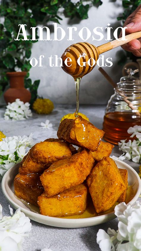 Combine your love of cooking with your love of Greek Mythology with this series of recipes inspired by the gods and goddesses of Ancient Greece. Inspired by the nectar of the Gods, this recipe for fried honey fritters is based off of a recipe from Apicius, a gourmand who lived in Ancient Rome during the 1st century AD. Coat the fritters in honey, inspired by the sweet, fragrant and heavenly substance known as ambrosia, consumed by the gods and goddesses of Mount Olympus. Honey Fritters, Donuts Donuts, Ancient Recipes, Braised Chicken, Cocktail Desserts, Ancient Greece, Rhubarb, Greek Mythology, Just Desserts