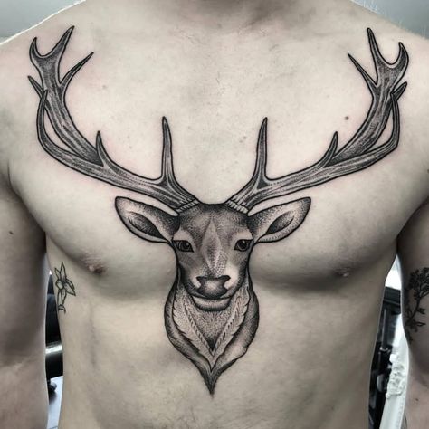 Stag Chest Tattoo | Tattoo Ideas and Inspiration Stag Tattoo Design, Idle Hands Tattoo, Buck Tattoo, Elk Tattoo, Antler Tattoo, Tummy Tattoo, Stag Tattoo, Hirsch Tattoo, Artsy Tattoos