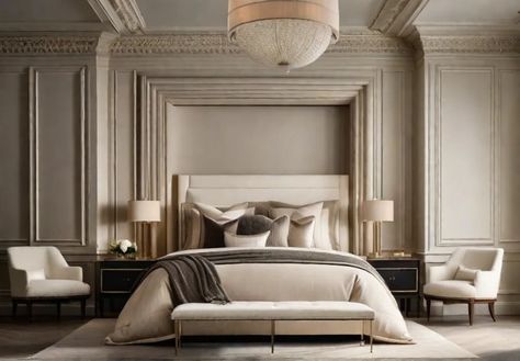 A master bedroom oozing timeless elegance with soft lighting casting a glow Bedroom Color Palette, Terracotta And Green, Parisian Interior, Bedroom Colour Palette, Bathroom Tile Designs, Bedroom Color, Perfect Bedroom, Restful Sleep, Bedroom Colors