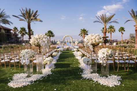 Tall White Flower Arrangements, Lawn Wedding Ceremony, White Flower Petals, Gold Chairs, Wedding Ceremony Chairs, Lawn Wedding, Wedding Aisle Outdoor, Olive Green Weddings, Green Wedding Flowers