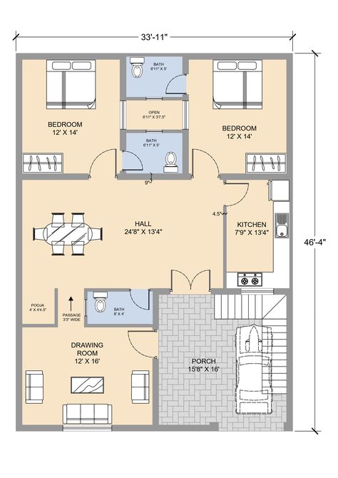 3 BHK PLAN size 33'11" X 46'4" well furnished and dimensioned. 2 bedroom with attached toilets , living hall , pooja room , dining area , kitchen , parking , 3 toilet Contact for want such type of plans 9887086162 Bathroom Attached Dressing Room, Pooja Room In Dining Area, 3bhk House Plan With Pooja Room, 2bhk House Plan With Pooja Room, 3bhk Plan, 2bhk Plan, Plot Design, Small Apartment Floor Plans, Toilet Plan