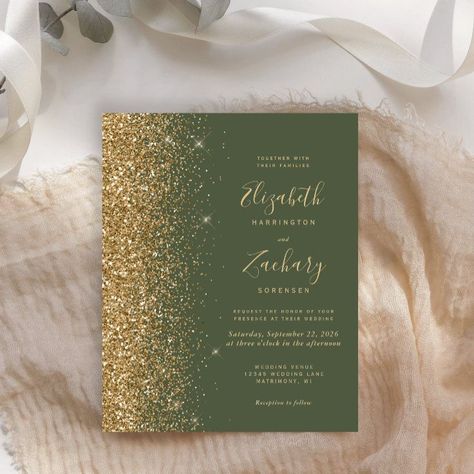 Olive Green And Champagne Wedding, Gold Glitter Wedding, Elegant Modern Wedding, Afternoon Wedding, Gold Wedding Theme, Glitter Wedding Invitations, Bridal Shower Cakes, Gold Wedding Decorations, Gold Theme