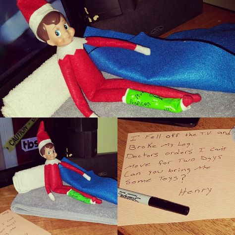 Elf Broken Leg, Elf On The Shelf Broken Leg, Leg Broken, Merry Christmas Darling, Healthy Ramen, Elf On The Shelf Arrival, Broken Foot, Awesome Elf On The Shelf Ideas, Elf Activities