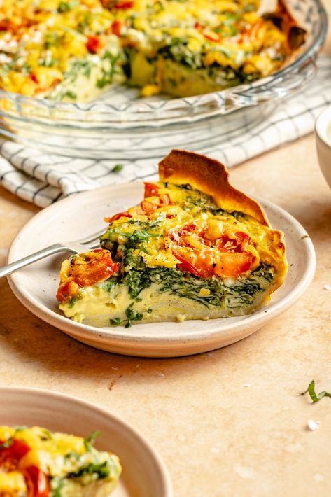 Tomato Basil Tortilla Quiche | Ambitious Kitchen Tortilla Quiche Bake With Cottage Cheese, Spanish Quiche, Eggs And Cottage Cheese, Puff Pastry Quiche, Sweet Potato Crust Quiche, Tortilla Quiche, Bakery Style Blueberry Muffins, Protein Breakfasts, Tomato Quiche