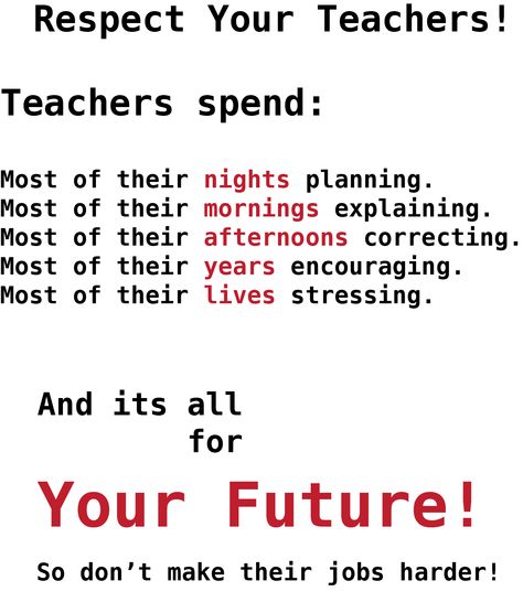 Respect your teachers! Respect Teachers, Colleges For Psychology, Teacher Posters, Psychology Courses, Classroom Anchor Charts, My Favourite Teacher, Respect Quotes, English Worksheets For Kids, Teachers Day Gifts