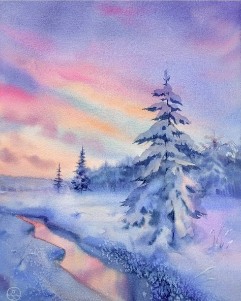 Watercolor Sky, Winter Watercolor, Winter Fairy, Watercolour Inspiration, Winter Painting, Watercolor Painting Techniques, Watercolor Landscape Paintings, Watercolor Art Lessons, Winter Scenery