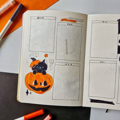 🖤👻 Ready to dive into a week of Purrfectly Spooky fun? 🎃 My Week 1 spread is all set with cute black cats lounging in pumpkins, and adorable ghost cats floating through the night! 🌙 ✨ It’s spooky but oh-so-cute, perfect for keeping the Halloween magic alive all week long. 🐱 What’s your favorite Halloween doodle to add to your spread? Drop a 🎃 below and let’s get planning! . . . Follow @tintyourgoals for more Tag 🏷 #octoberbujo #weeklyspread #tintyourgoals #purrfectlyspooky #bujoinspirat... Spooky But Cute, Weekly Bullet Journal, Bullet Journal Pages, Cat Lounge, Bullet Journal Ideas, Ghost Cat, Halloween Magic, Cute Black Cats, Weekly Planning