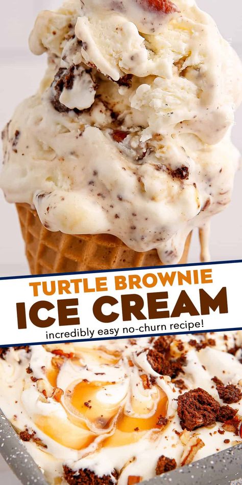 Machine Ice Cream Recipes, No Turn Ice Cream Recipes, Homemade Ice Cream Flavors, No Churn Ice Cream Recipes, Turtle Brownie, Homemade Ice Cream Recipes Machine, Kitchen Aid Ice Cream, Turtle Brownies, Ice Cream Recipes Machine