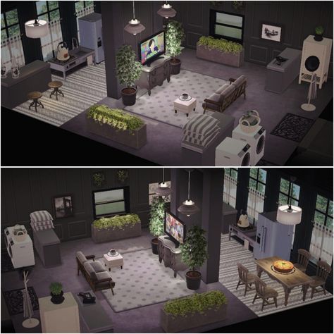 Animal Crossing Home Layout, Acnh Living Rooms Ideas Cozy, Acnh Modern Living Room, Animal Crossing Basement Ideas, Acnh Living Rooms Ideas, Acnh Hhp, Acnh House, Animal Crossing Funny, Animal Crossing Guide