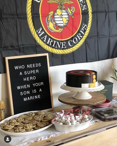 Marine Coming Home Party, Marine Send Off Party Ideas, Marine Welcome Home Party, Marine Corps Party Ideas, Marine Corps Retirement Party Ideas, Boot Camp Graduation Party, Usmc Party, Usmc Graduation, Marine Corps Graduation