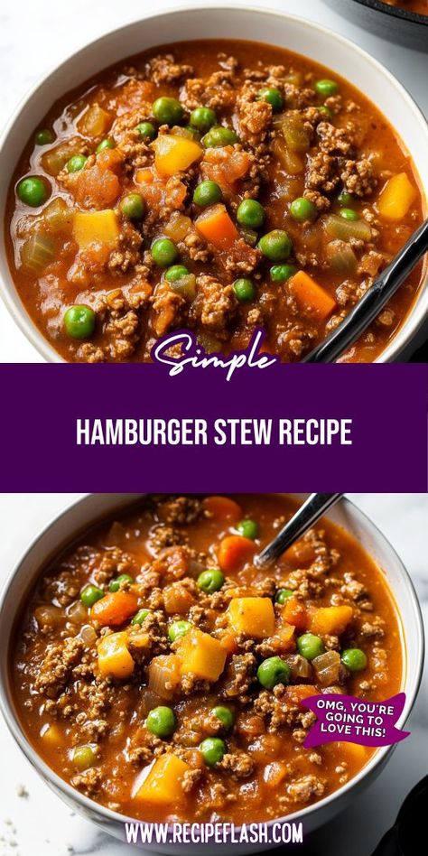 Searching for a one-pot meal that’s both delicious and simple? This Hamburger Stew Recipe features ground beef and fresh veggies, making it the ultimate comfort food. Save it for later and impress your family with this easy and flavorful stew! Hamburger Beef Stew Crockpot, Instapot Hamburger Stew, Paleo Ground Beef Soup, Stew With Hamburger Meat, Instapot Ground Beef Soup Recipes, Easy Hamburger Stew Recipes, Hamburger Stew Crock Pot Recipes, Hamburger Soups And Stews, Instant Pot Hamburger Stew