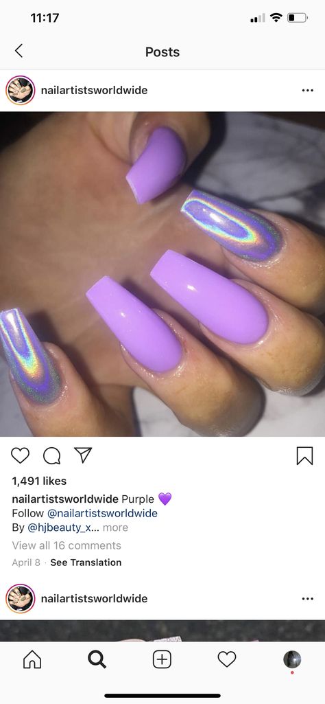 Holographic Nails Acrylic, Nails With Purple, Purple And Silver Nails, Purple Holographic, Teal Nails, Purple Acrylic Nails, Chrome Nails Designs, Super Cute Nails, Ombre Acrylic Nails