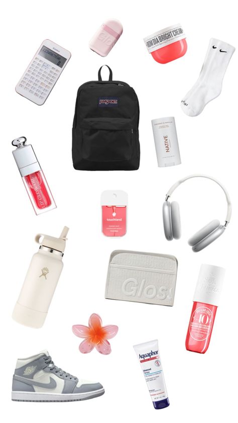 apple headphones, jansport backpack, glossier makeup essentials bag, aqua phone,soldeja What To Put In Your Jansport Backpack, Preppy Jansport Backpacks, Cute School Essentials, Grey Jansport Backpack, Cute Jansport Backpacks, Preppy Icon, Jansport Backpacks, Dior Lip Oil, School Backpack Essentials