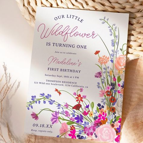 $1.98 | Modern chic wildflower script 1st birthday - elegant typography, floral illustration, green and terracotta, wild flowers bouquet illustration, red pink purple flowers, summer meadow flowers, 1st birthday party invite, little wildflower turning one, spring summer birthday, wild one Wild Flowers Bouquet, Wildflower Birthday Party, Green And Terracotta, Bouquet Illustration, Summer Birthday Invitations, Pink Purple Flowers, Summer Meadow, Modern Birthday, Spring Birthday