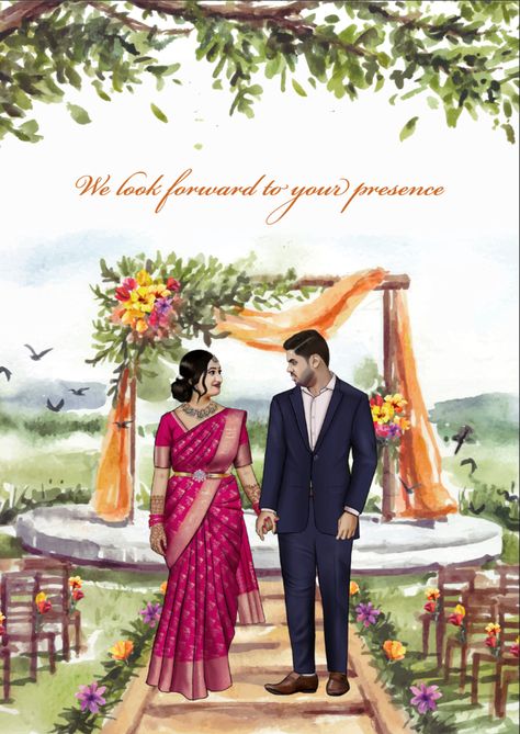 South Indian Wedding Illustration, South Indian Couple Illustration, Couple Illustration Indian, Wedding Patrika, Indian Wedding Couple Illustration, Wedding Couple Illustration, The Beginning Of Forever, Groom Cartoon, Couple Illustrations