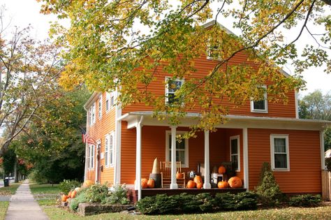 Bronco Orange House! Fall Cottage, Pumpkin House, Orange House, Diy Network, Home Remodel, Pumpkin Colors, Farmhouse Exterior, Farmhouse Cottage, Cabins And Cottages