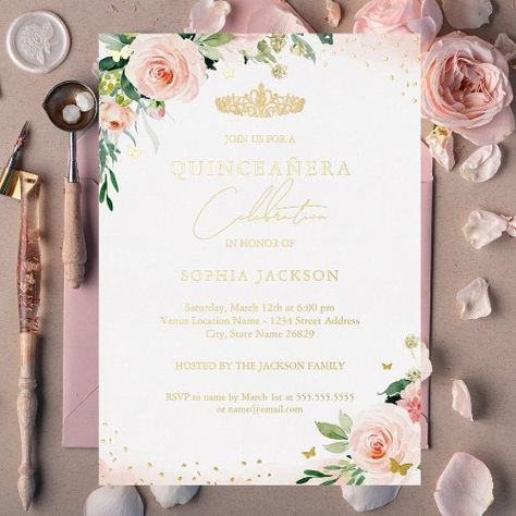 $ 3.95 | Gold Pink Blush Floral Quinceanera Birthday - quinceanera, 15th, birthday, 15th birthday, tiara, rose gold quinceanera, flowers, pink quinceanera, tiara quinceanera, gold 15th Birthday Invitations, Invitations Halloween, Pink Quinceanera, Rose Butterfly, Rose Gold Invitations, Birthday Angel, Black Birthday, Foil Invitations, Quinceanera Invitations