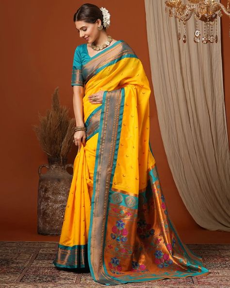 Discover the beauty of Marathi culture with our Haldi & Rama Soft Silk Chandrakor Paithani Saree. Featuring intricate copper zari chandraakor motifs and a captivating peacock pallu, this saree is a perfect blend of tradition and elegance. A timeless piece for every special occasion. #varkala #varkalasilksarees #silk #silksarees #paithanisaree #paithani #marathi #marathiculture Marathi Paithani Look, Chandrakor Paithani, Paithani Saree Traditional Look, Quotes Doodles, Marathi Culture, Calligraphy Quotes Doodles, Paithani Saree, Calligraphy Quotes, Timeless Pieces