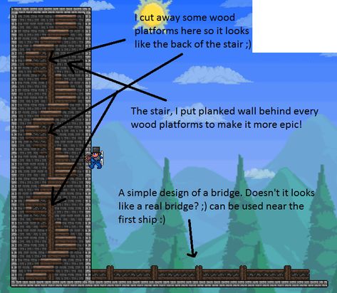 Terraria Stairs Design, Terraria Spiral Staircase, Terraria Build Tutorial, Terraria Hospital, Terraria Bridge Design, Terraria Stairs, Terraria Tutorial, Terraria Bridge Ideas, Terraria Building Tips