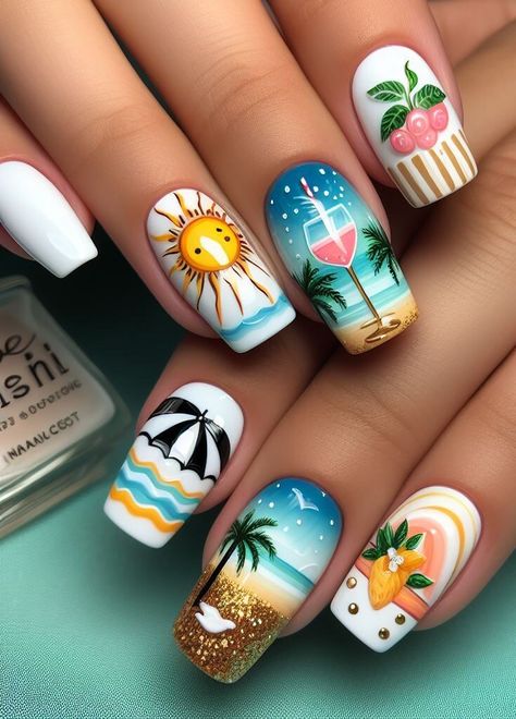 Ready for summer? Discover the hottest beach nail trends that are super cute and on point! Get inspired and nail your summer look. Yellow Nails Simple, Sunshine Nails Design, Beach Nail Art Designs, Sunshine Nails, Vacation Nail Art, Fruit Nail, Disney Acrylic Nails, Beach Nail Art, Beach Nail