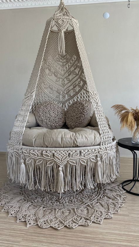 Cotton Macrame Hanging Swing For Patio | Swing For Adults and Children To Read Books Comfortably | Macrame Chair For Indoor and Outdoor Macrame Swing chair Perfect for any room - with a good book, a cheeky inside swing, or even next to a pool It is suitable for people of all ages. This macrame swing is a stylish and cozy addition to any room's decor! Boho macrame swing is a great product and it has versatile using places like terraces, balconies, room, garden, indoor and outdoor. Please note that this item is handmade, there may be slight variations and There may be slight color differences due to screen color settings The size of the swing in the picture is 110 cm. Weight limit: 150kg Ceiling hang height 180cm (message for custom length) Note: Hanging bracket  are included. All items are Hanging Blanket Over Chair, Free Macrame Hammock Patterns, Macromay Hammock, Macrame Chair Hanger, Home Corner Hanging Chair, Indoor Sitting Hammock, Free Macrame Hanging Chair Patterns, Hanging Macrame Chair, Macrame Room Decor