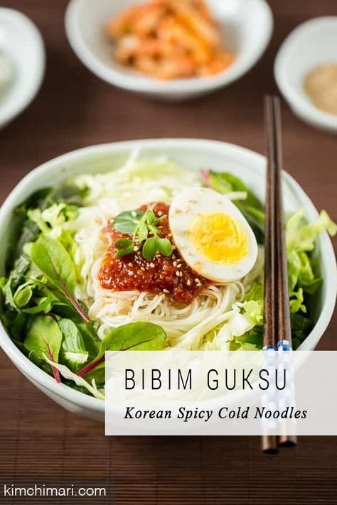 Bibim Guksu is a light and refreshing cold noodle dish with a sweet and spicy apple gochujang bibim sauce made in the blender. #koreannoodles #coldnoodles #noodlerecipes #asiannoodles #koreanfood #kimchimari  @kimchimari Spicy Cold Noodles, Bibim Guksu, Korean Salad, Bibimbap Recipe, Nourishing Recipes, Soba Noodles Salad, Gochujang Sauce, Buckwheat Noodles, Radish Recipes