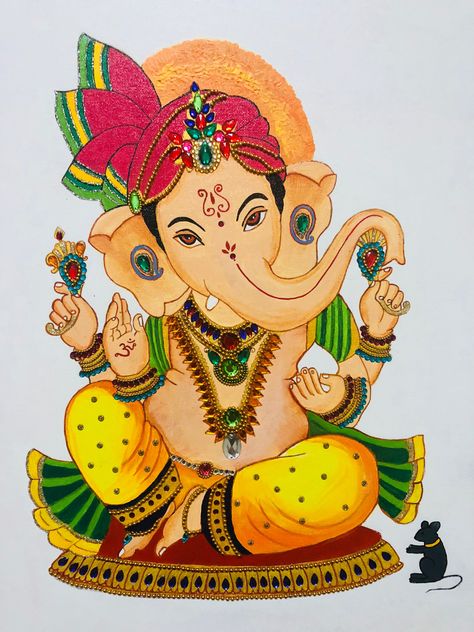 Shri Ganesh Drawing, Ganpati Bappa Embroidery Work, Ganpati Painting Ideas, Ganesh Painting On Wall, Ganesha Art Painting, Ganesh Ji Oil Pastels Drawing, Ganeshji Drawing Easy, Cute Ganesha Drawing Sketches, Small Krishna Drawing