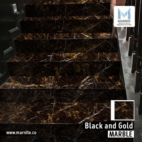 The legit combination of Black and Gold Marble is striking yet modest.  For Further Details: Mr. Abid Nazir – Cell 0316 2965455 Mr. Ashhad – Cell 0322 3252203 Visit our SHOWROOM at: Paradise Arcade, Main Gizri Market, Near Shell Fuel Pump, Block 9, Clifton. Showroom landline : (021) 35866898 Contact person : Mr. Farrukh Cell : 0335-3266898 #MARNITE #TILES #MARBLETILES #THAREDMARBLE #FLOORING #ELEVATION #FACADE #HOMEDECOR #WALLCLADING #MARBLEFLOOR #BATHROOMFLOOR #INTERIORDESIGN #KITCHENDESIGN Gold Marble Flooring, Granite Stairs, Staircase Railing, Staircase Railing Design, Black And Gold Marble, Stairs Design Modern, Staircase Railings, Granite Tile, Driveway Gate