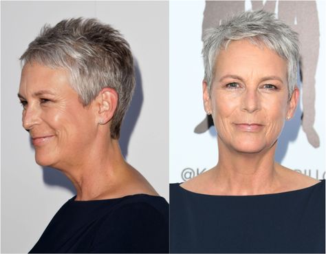 20 Gorgeous Pixie Haircuts on Women Over 50: Jamie Lee Curtis in a Pixie Super Short Pixie Cuts, Kort Pixie, Lee Curtis, Shoulder Hair, Super Short Hair, Short Grey Hair, Jamie Lee Curtis, Funky Hairstyles, Best Short Haircuts