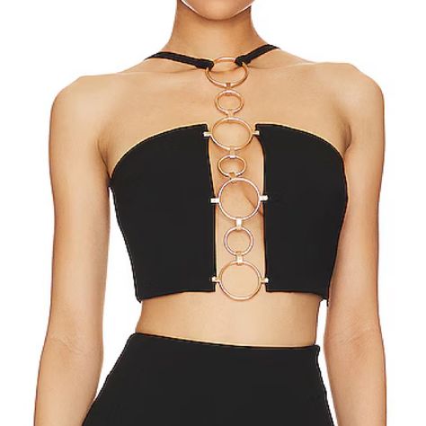 New With Tags Cult Gaia Gorgeous Black Top Adjustable Shoulder Straps Brushed Brass Ring Cut-Out Design At Center Bust Midweight Ponte Fabric Feather Crop Top, Brooklyn And Bailey, Fancy Tops, Puff Sleeve Crop Top, Cult Gaia, Beaded Top, Fancy Pants, Brass Ring, Cut Out Design