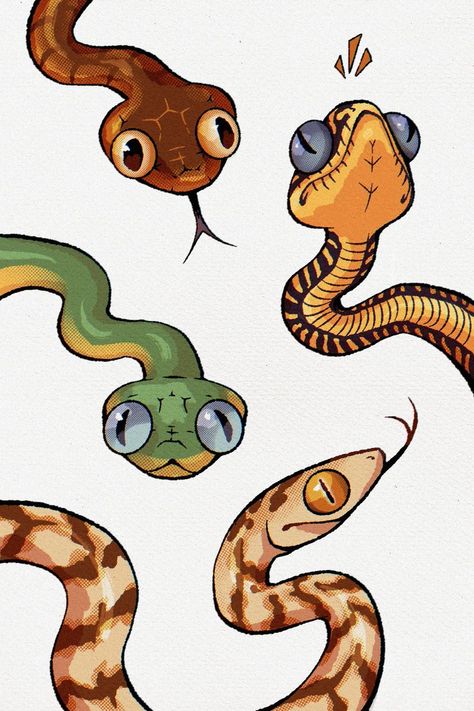 Snake Doodle Cute, Cute Reptile Drawings, Coiled Snake Drawing, Snake Illustration Art, Snake Art Cute, Two Headed Snake Drawing, Corn Snake Drawing, Snake Drawing Color, Snake Painting Easy