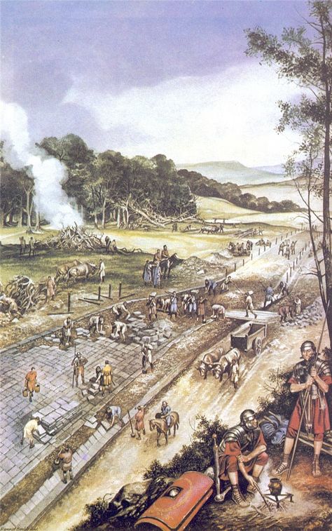 Construcción de una carretera romana. Además de ser hombres luchadores, los legionarios romanos también eran ingenieros, topógrafos y artesanos para que una legión pudiera ser autosuficiente en el campo. Fall Of Rome, Warrior Illustration, Imperiul Roman, Hadrian's Wall, Warriors Illustration, Roman Britain, Roman Roads, Historical Warriors, Illustration Series