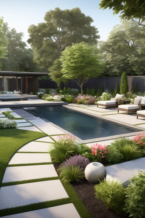 Discover a modern garden oasis featuring a sleek pool surrounded by lush greenery. Stylish sun loungers invite relaxation under the sun, while minimalist design elements ensure an uncluttered, elegant look. The combination of water, vibrant plants, and contemporary decor creates an aesthetically pleasing, tranquil retreat perfect for unwinding. Contemporary Backyard Landscaping Designs With Pool And Outdoor Kitchen, Modern Backyard Oasis, Garden Next To Pool, Beach House Garden Landscaping, Modern Backyard Landscaping With Pool, Landscape Ideas With Pool, Modern Backyard With Pool, Garden Ideas Aesthetic, Garden Design Aesthetic