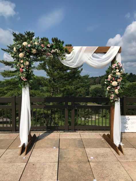 Wooden Flower Arch, Wooden Wedding Arch With Flowers, Wooden Arch Florals, Wooden Cross Wedding Arch, Wood Wedding Arch White Flowers, Wood Wedding Arches, Wooden Arch, Wood Arch, Wood Flowers