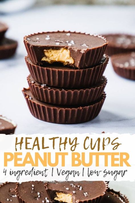 Healthy Peanut Butter Cups | Homemade Healthy Peanut Butter Cups with just 4 simple Ingredients! This recipe is refined sugar free, vegan, and can be easily made paleo too. This peanut butter cup recipe is so easy to make and way better than Reese’s Peanut butter cup. If you ask me. Now load up on these peanut butter chocolate heaven in a cup! |#peanutbuttercup #vegandessert #refinedsugarfree #healthyrecipe #peanutbutterchocolate Dairy Free Chocolate Dessert, Vegan Peanut Butter Cups, Patisserie Vegan, Healthy Peanut Butter Cups, Peanut Butter Cups Recipe, Homemade Peanut Butter Cups, Low Carb Brownies, Vegan Candies, Vegan Peanut Butter